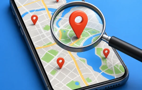 A smartphone screen showing Google Maps with several red location pins marking local businesses in a city.