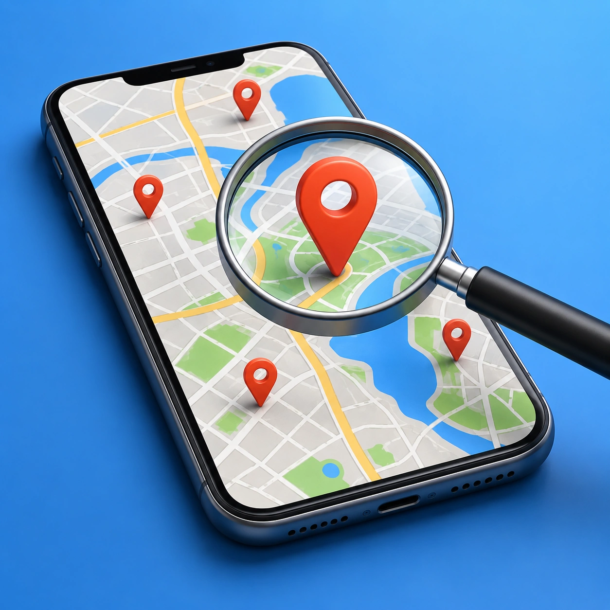 A smartphone screen showing Google Maps with several red location pins marking local businesses in a city.