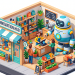 3D illustration of a small business shop being helped by a friendly AI robot.