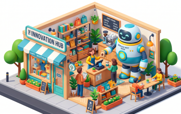 3D illustration of a small business shop being helped by a friendly AI robot.