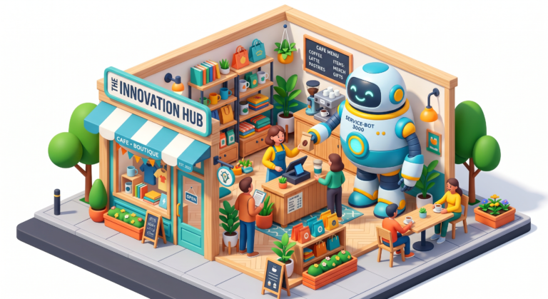 3D illustration of a small business shop being helped by a friendly AI robot.
