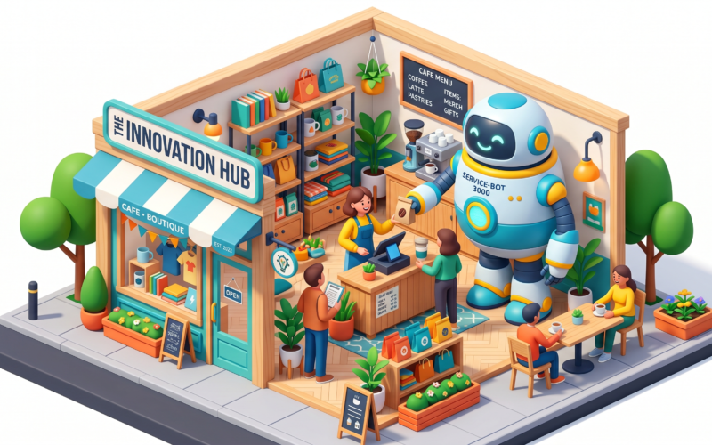 3D illustration of a small business shop being helped by a friendly AI robot.