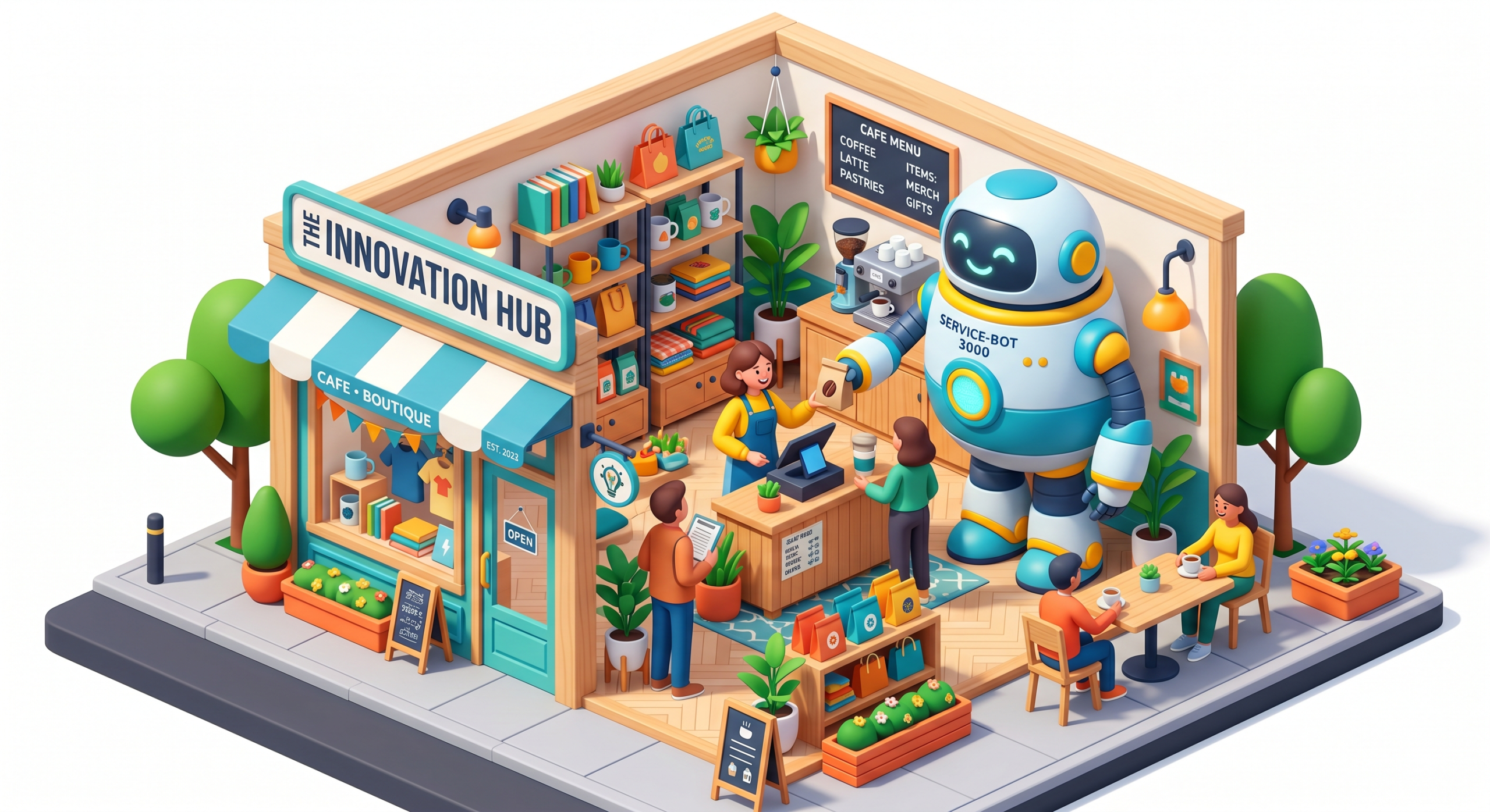 3D illustration of a small business shop being helped by a friendly AI robot.