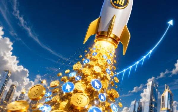 3D illustration of a rocket launching with gold coins, representing rapid business growth through Paid Ads and PPC.