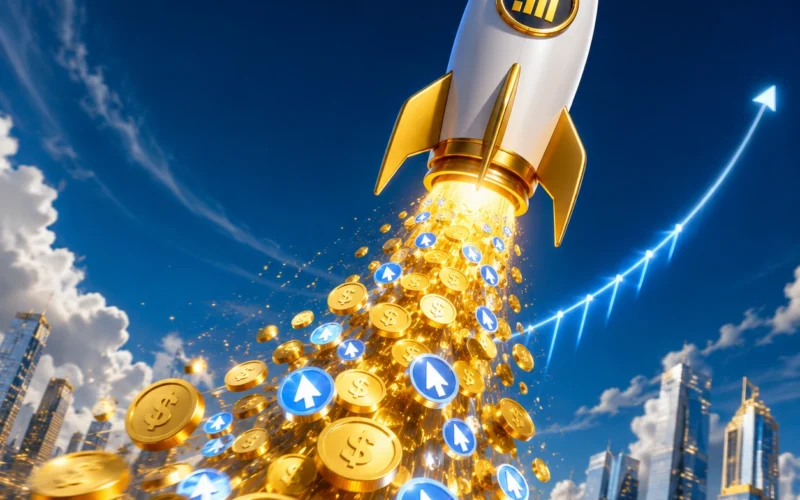 3D illustration of a rocket launching with gold coins, representing rapid business growth through Paid Ads and PPC.