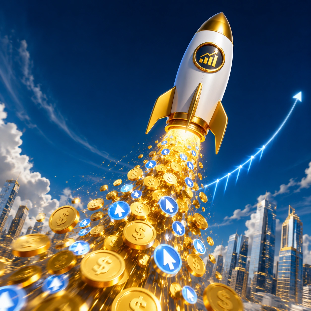 3D illustration of a rocket launching with gold coins, representing rapid business growth through Paid Ads and PPC.