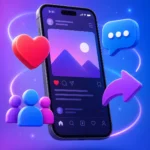 A 3D illustration of a smartphone surrounded by social media engagement icons like hearts and speech bubbles, representing community-led growth in 2026.