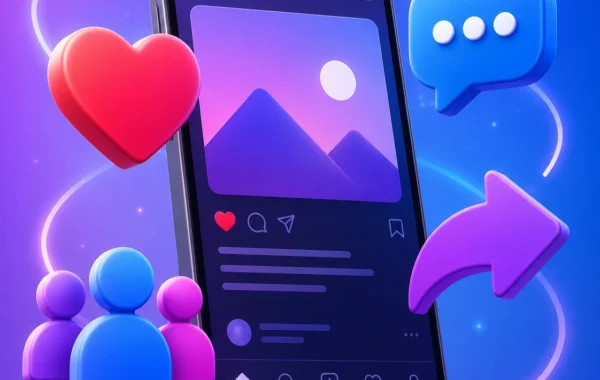 A 3D illustration of a smartphone surrounded by social media engagement icons like hearts and speech bubbles, representing community-led growth in 2026.
