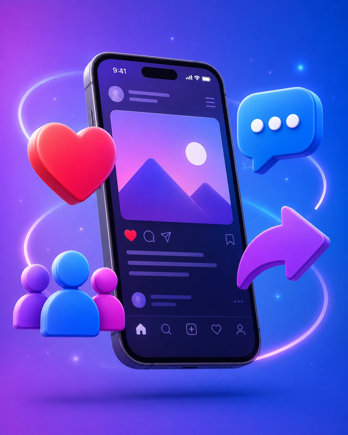 A 3D illustration of a smartphone surrounded by social media engagement icons like hearts and speech bubbles, representing community-led growth in 2026.