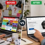 Comparison of a user frustrated with a bad website vs. a user happily purchasing from a high-converting, modern website.