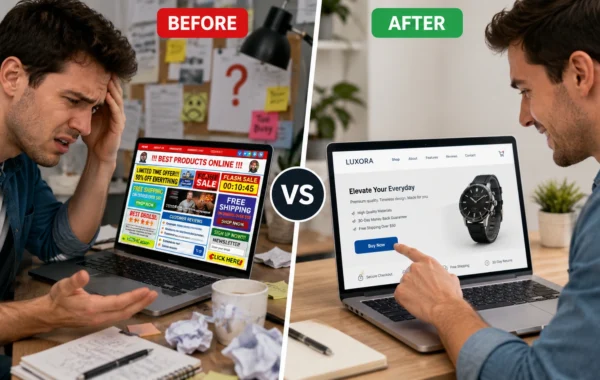 Comparison of a user frustrated with a bad website vs. a user happily purchasing from a high-converting, modern website.