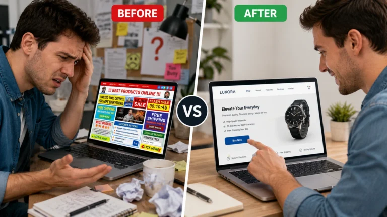 Comparison of a user frustrated with a bad website vs. a user happily purchasing from a high-converting, modern website.