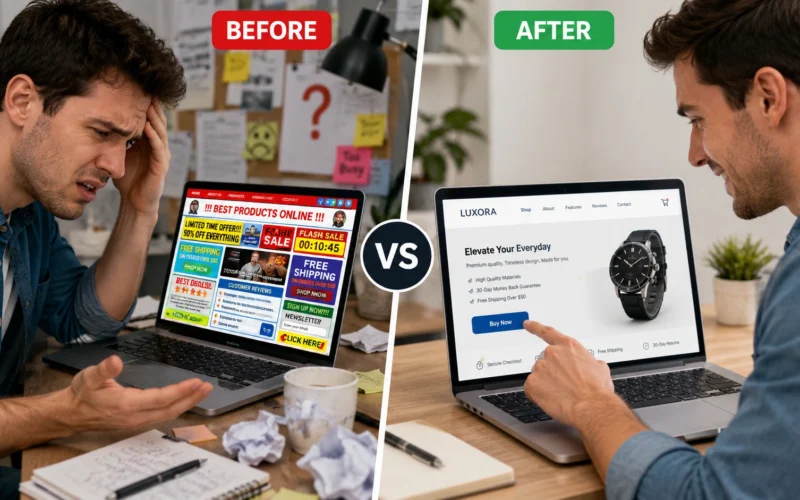 Comparison of a user frustrated with a bad website vs. a user happily purchasing from a high-converting, modern website.