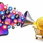 3D render of social media likes and hearts turning into sales and gold coins.