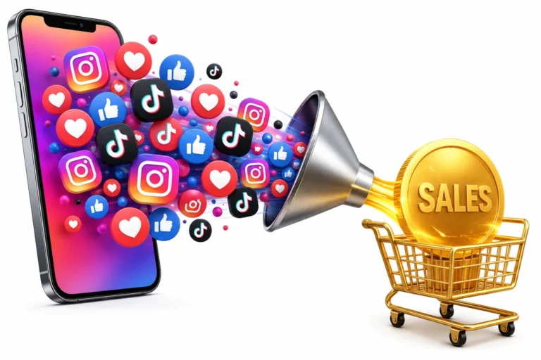3D render of social media likes and hearts turning into sales and gold coins.