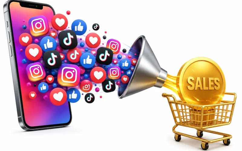3D render of social media likes and hearts turning into sales and gold coins.