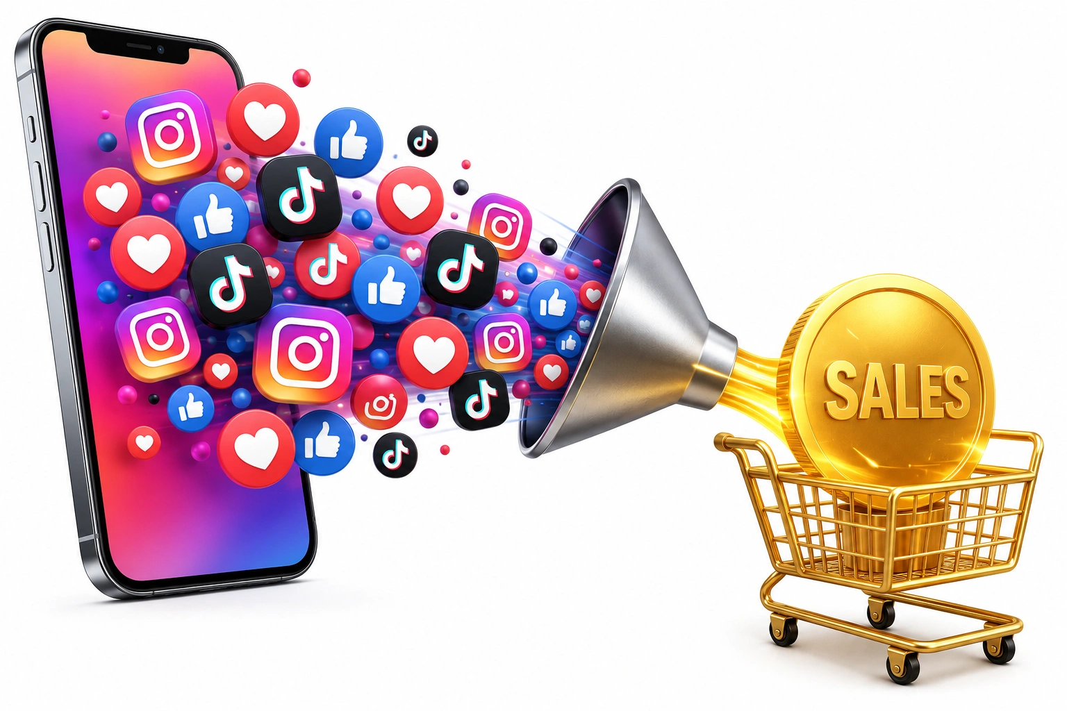 3D render of social media likes and hearts turning into sales and gold coins.