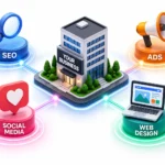 Complete digital marketing ecosystem showing SEO, Ads, Social Media, and Web Design.