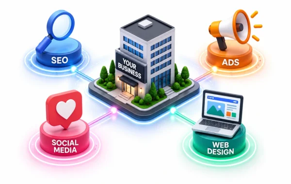 Complete digital marketing ecosystem showing SEO, Ads, Social Media, and Web Design.