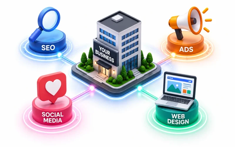 Complete digital marketing ecosystem showing SEO, Ads, Social Media, and Web Design.