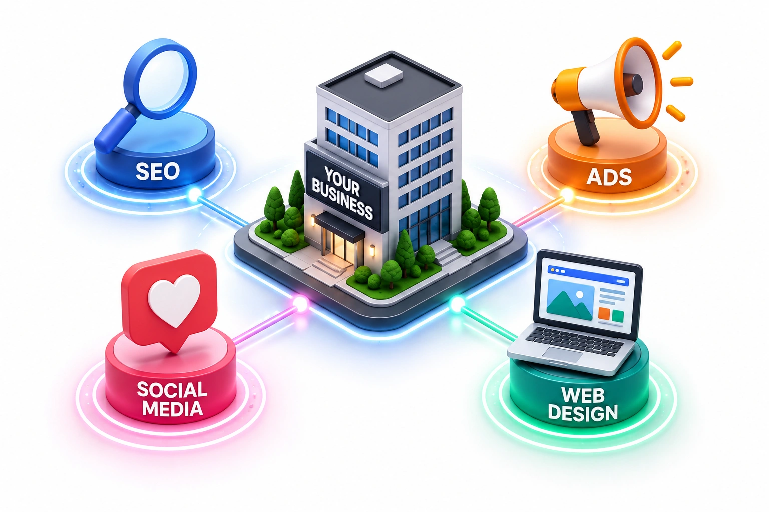 Complete digital marketing ecosystem showing SEO, Ads, Social Media, and Web Design.