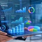 A professional business owner using a futuristic digital dashboard with 3D charts and graphs to track marketing growth in 2026.