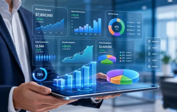 A professional business owner using a futuristic digital dashboard with 3D charts and graphs to track marketing growth in 2026.