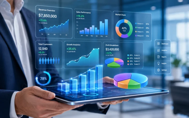 A professional business owner using a futuristic digital dashboard with 3D charts and graphs to track marketing growth in 2026.