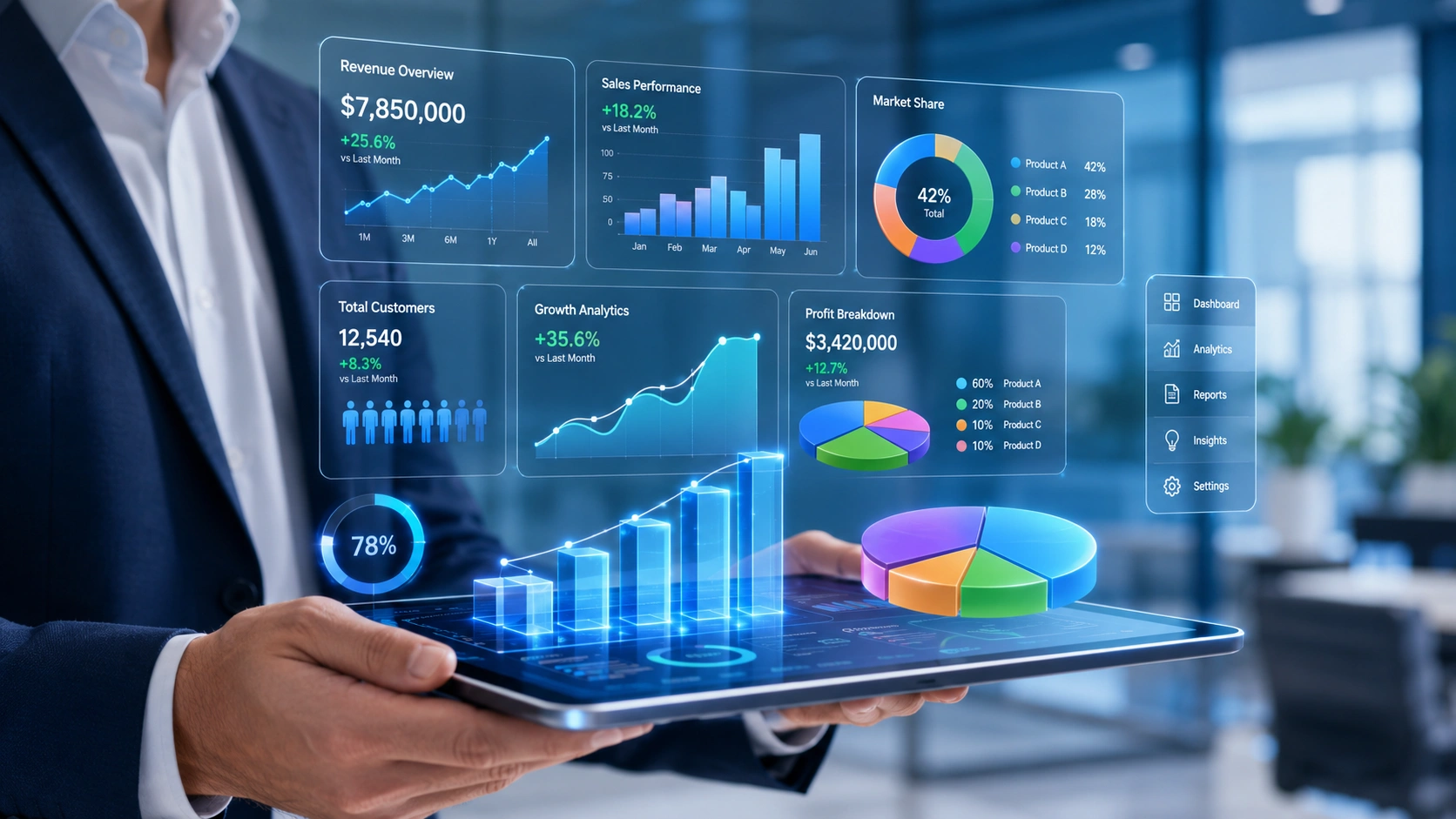 A professional business owner using a futuristic digital dashboard with 3D charts and graphs to track marketing growth in 2026.
