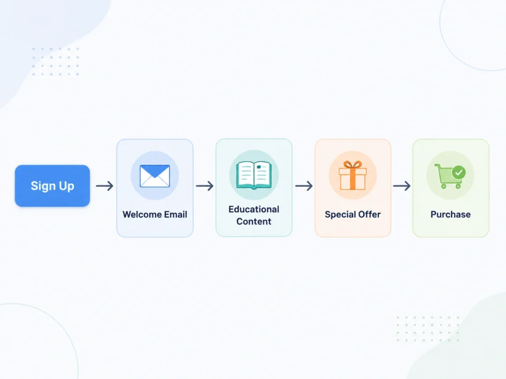  A professional flowchart showing the automated email journey from sign-up to purchase, including welcome emails and special offers.