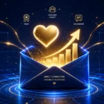 A futuristic 3D illustration of a glowing digital envelope releasing a growth chart and a heart icon, symbolizing the high ROI and trust of email marketing in 2026.