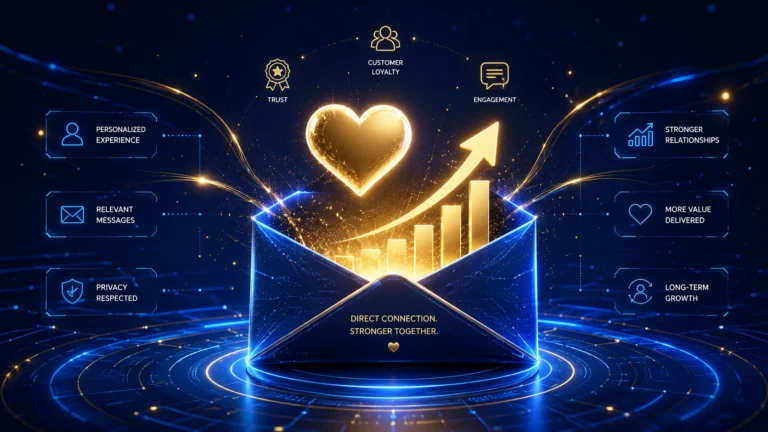 A futuristic 3D illustration of a glowing digital envelope releasing a growth chart and a heart icon, symbolizing the high ROI and trust of email marketing in 2026.