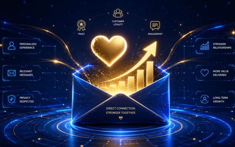 A futuristic 3D illustration of a glowing digital envelope releasing a growth chart and a heart icon, symbolizing the high ROI and trust of email marketing in 2026.