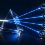 A 3D digital prism refracting light into multiple marketing paths, representing complex multi-touch attribution in 2026.