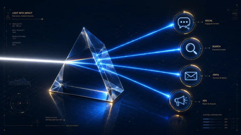 A 3D digital prism refracting light into multiple marketing paths, representing complex multi-touch attribution in 2026.