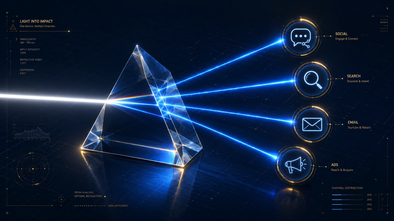 A 3D digital prism refracting light into multiple marketing paths, representing complex multi-touch attribution in 2026.