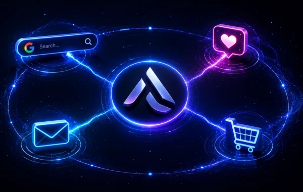 A 3D conceptual image of a brand logo connected to SEO, Social Media, and Email icons, representing a seamless omnichannel marketing ecosystem in 2026.