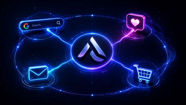 A 3D conceptual image of a brand logo connected to SEO, Social Media, and Email icons, representing a seamless omnichannel marketing ecosystem in 2026.