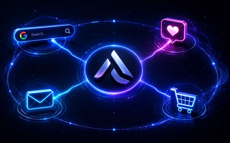A 3D conceptual image of a brand logo connected to SEO, Social Media, and Email icons, representing a seamless omnichannel marketing ecosystem in 2026.
