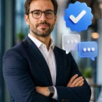 Professional portrait of a business leader with 3D authority and verification icons, representing founder-led growth and personal branding in 2026.