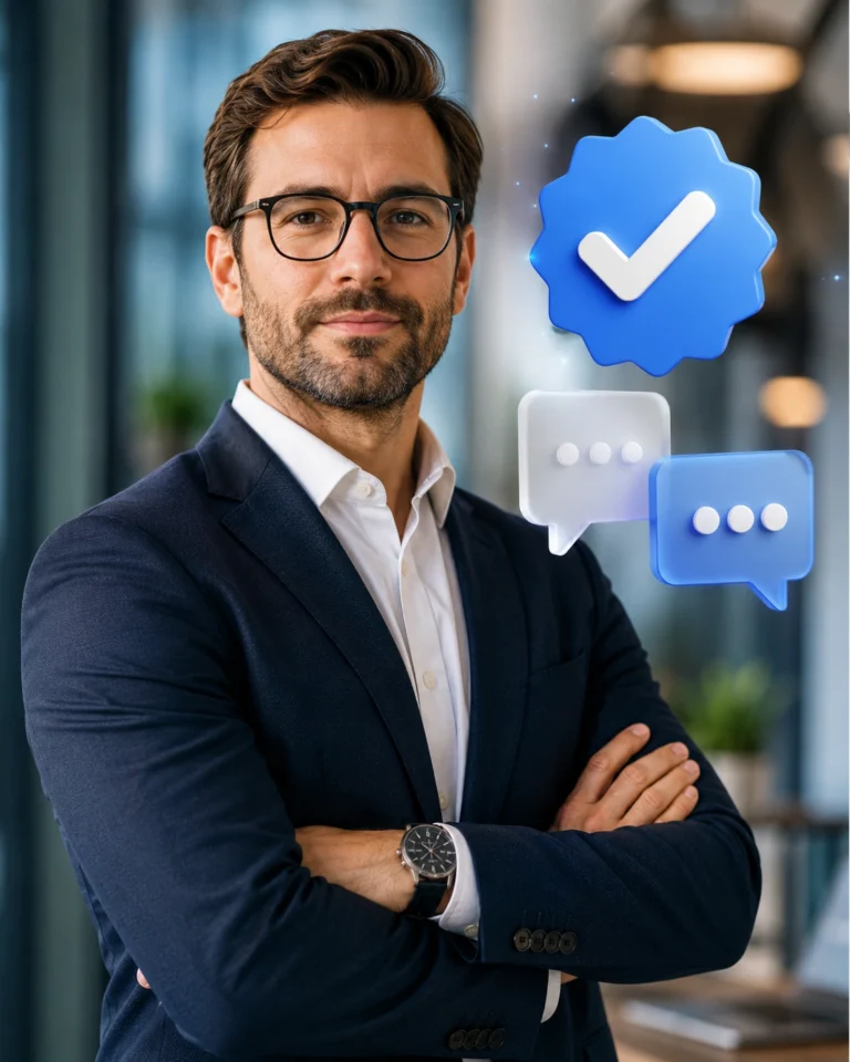 Professional portrait of a business leader with 3D authority and verification icons, representing founder-led growth and personal branding in 2026.