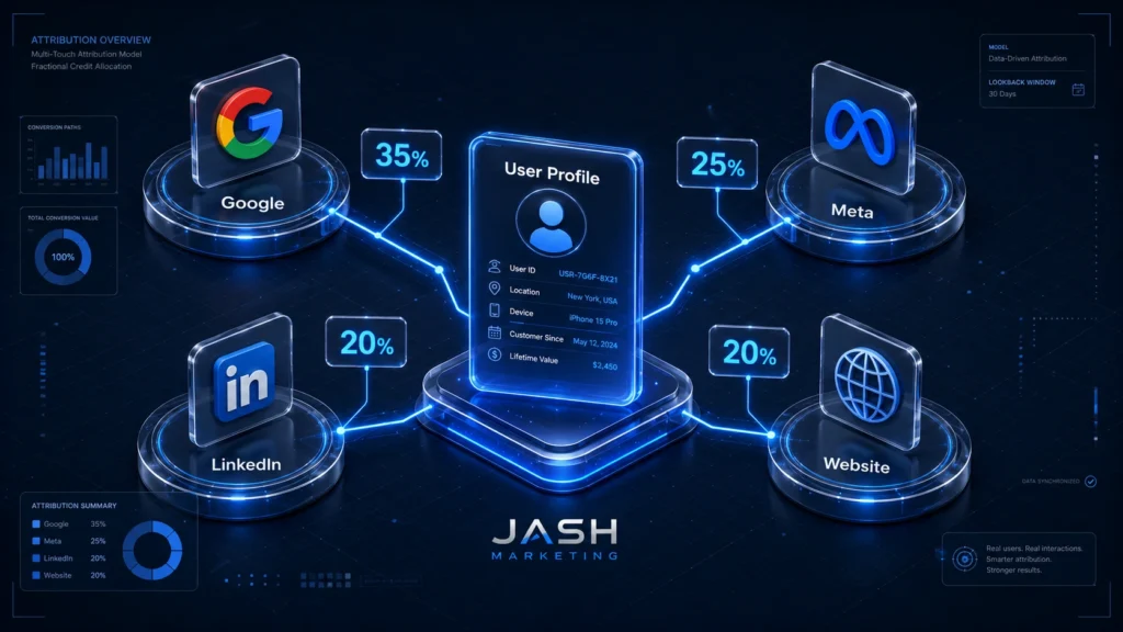 A 3D isometric diagram showing a user profile connected to multiple touchpoints with fractional credit percentages.