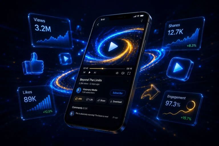 A sleek 3D smartphone floating in a void, displaying a glowing video interface representing short-form video authority in 2026.