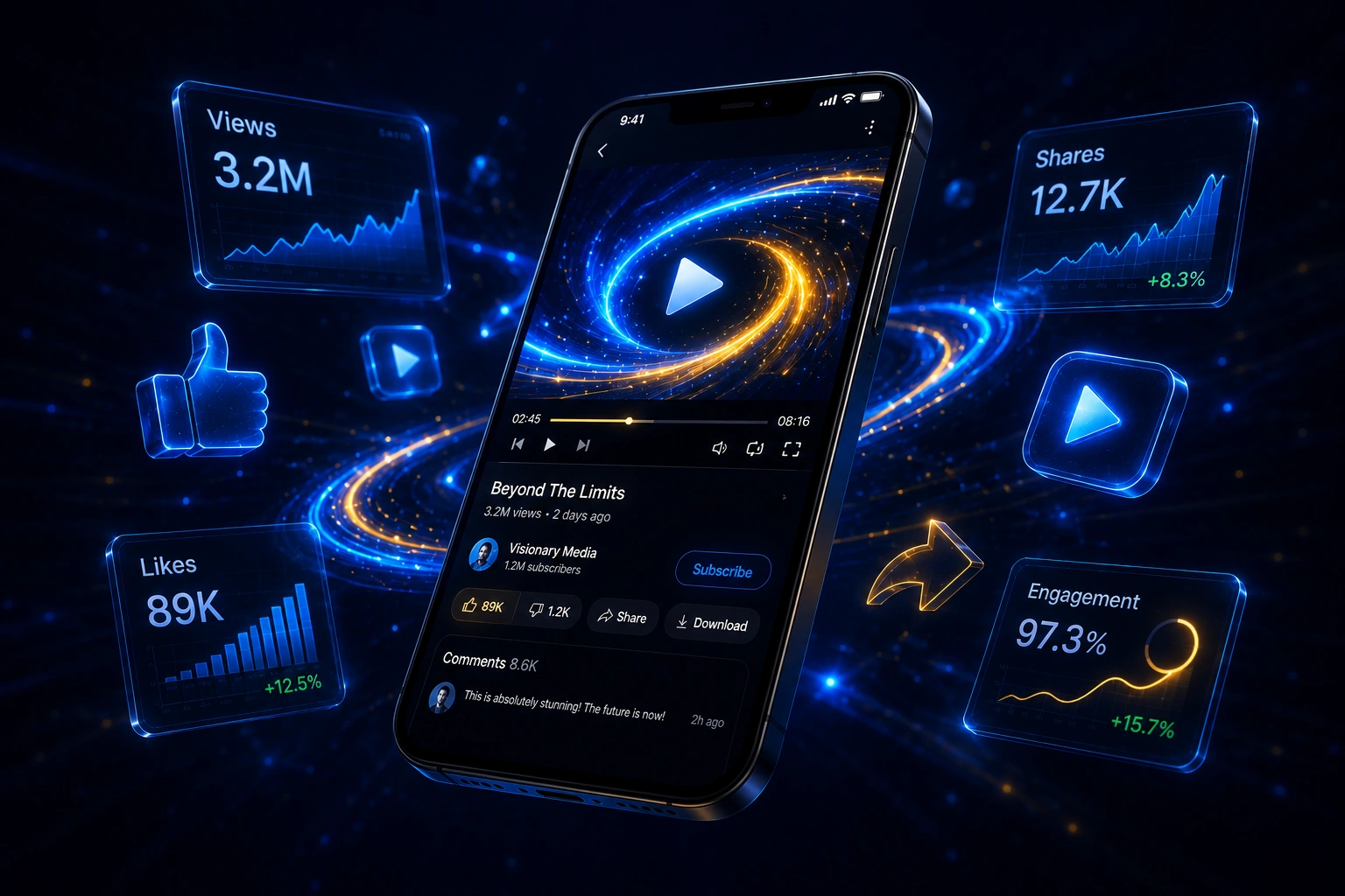 A sleek 3D smartphone floating in a void, displaying a glowing video interface representing short-form video authority in 2026.