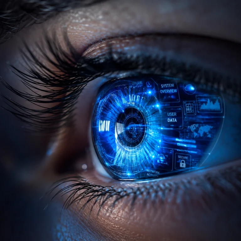 A 3D visualization of a human eye reflecting a complex, premium digital interface, representing the psychology of high-conversion UI in 2026.