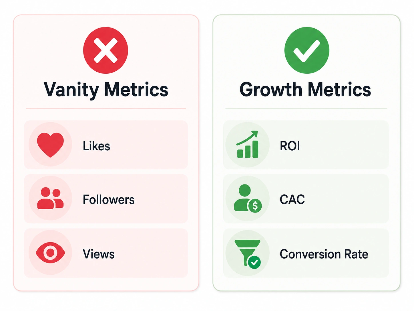 An infographic showing the difference between vanity metrics like likes and follows and growth metrics like ROI and Conversion Rate.