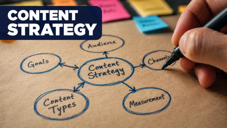 A close-up macro shot of a hand sketching a content strategy mind map on kraft paper with colourful marker lines connecting topic clusters