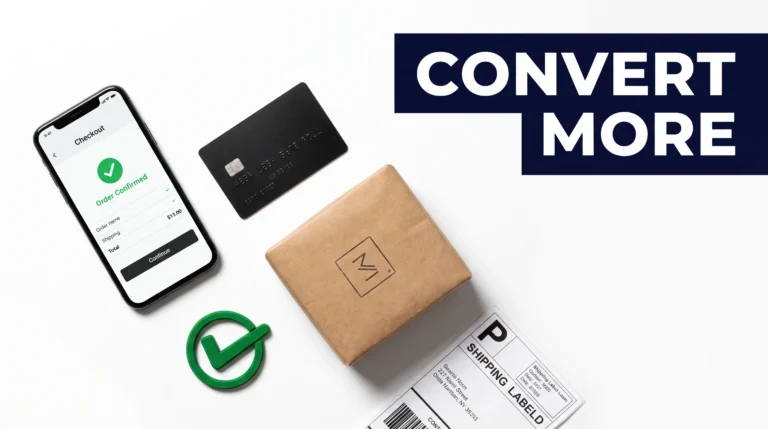 A clean overhead flat-lay product photograph showing a smartphone with an online checkout screen, a credit card, a branded product package, and a green checkmark stamp arranged on a white background with dramatic shadow lighting