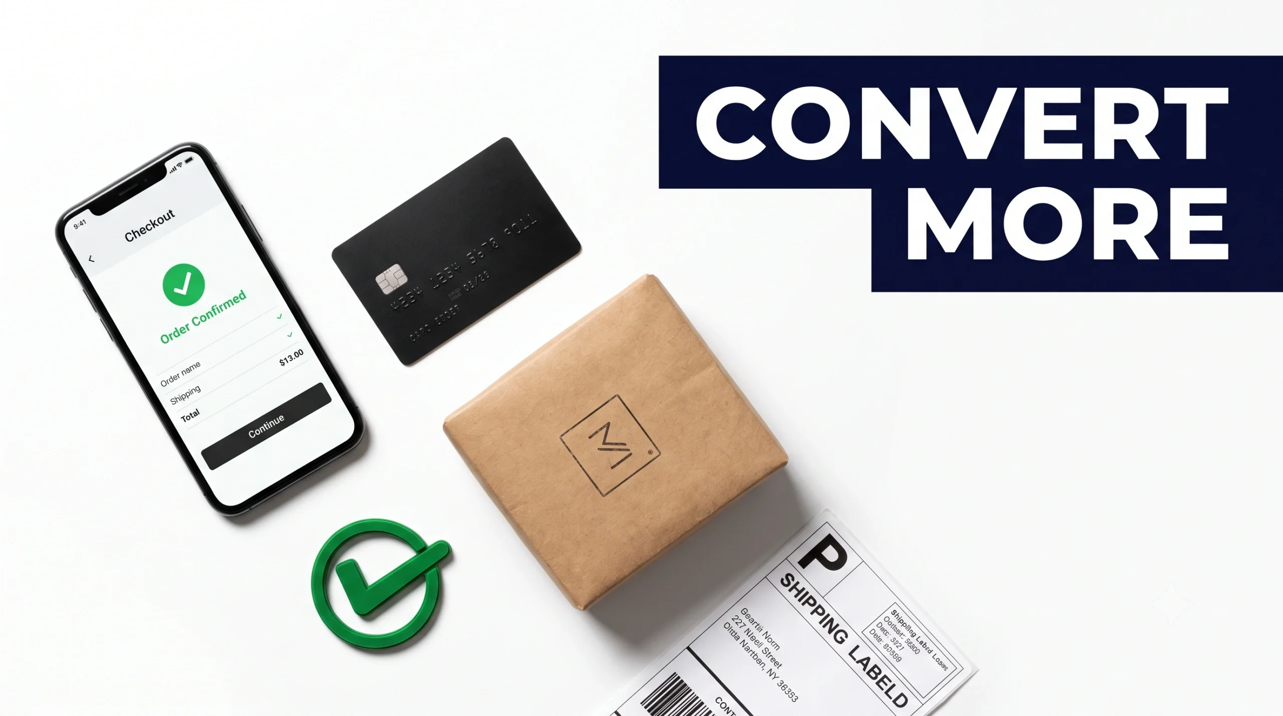 A clean overhead flat-lay product photograph showing a smartphone with an online checkout screen, a credit card, a branded product package, and a green checkmark stamp arranged on a white background with dramatic shadow lighting