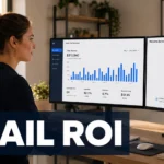 A digital marketer reviewing email campaign ROI data on a laptop showing performance metrics and revenue graphs with upward trends